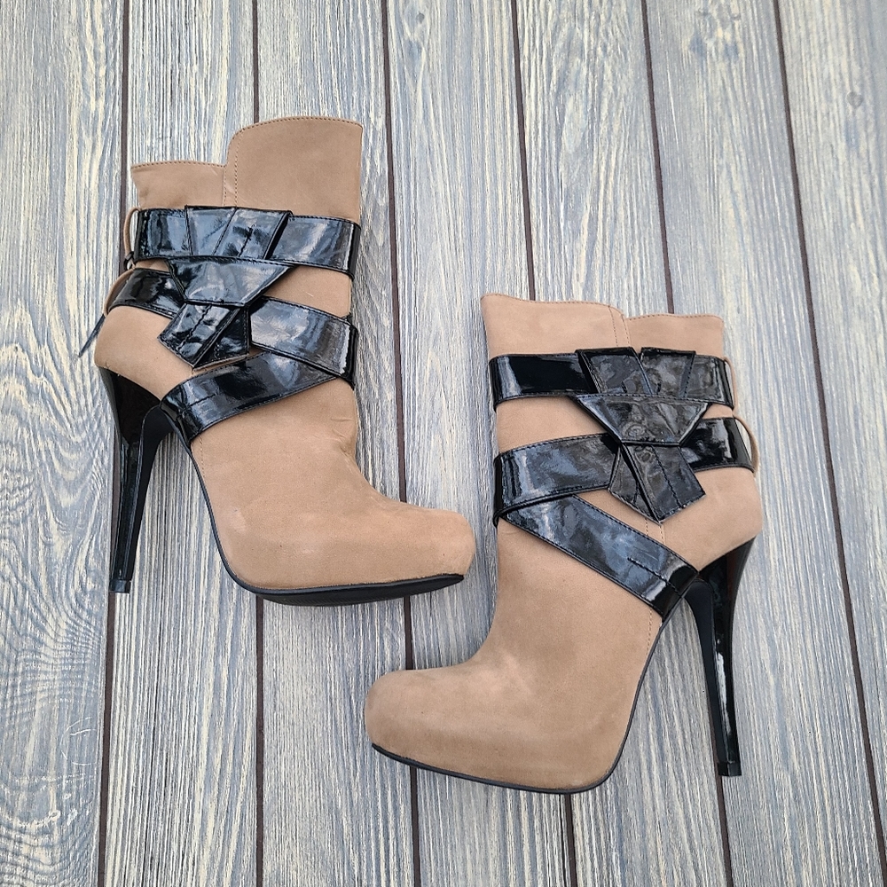 Taupe Tan Black Stiletto Ankle Booties